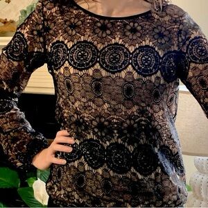 Max Studio Specialties Formal Holiday Black Lace Nude Long Sleeve Top